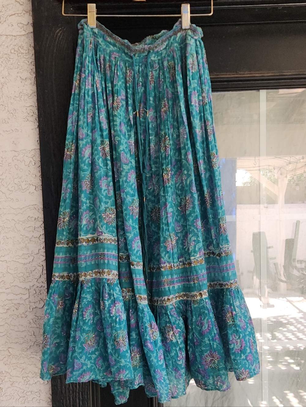 Vintage Guze Boho Teal Floral Maxi Skirt with Drawstring Waist - Picture 7 of 7